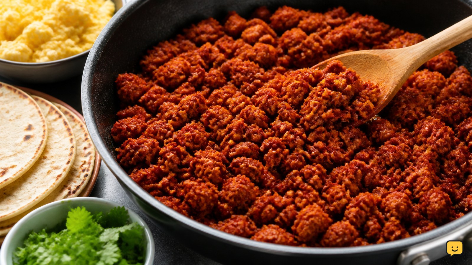 Cooked Mexican-style pork chorizo crumbles in a skillet beside tortillas, eggs, and chopped cilantro