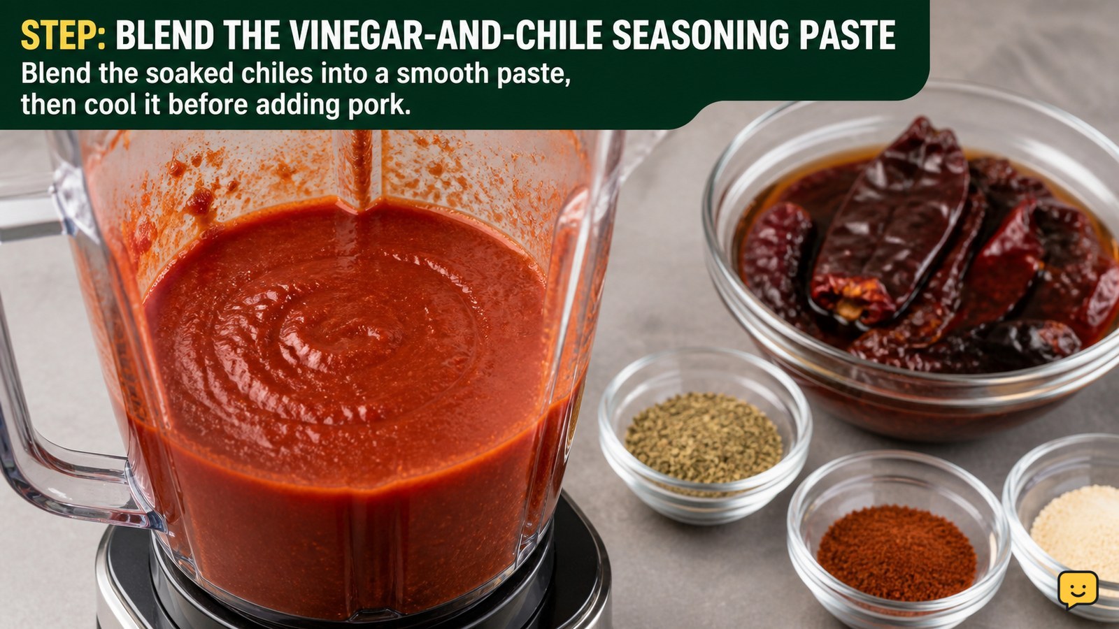Smooth red chile and vinegar paste in a blender jar beside softened dried chiles and measured spices
