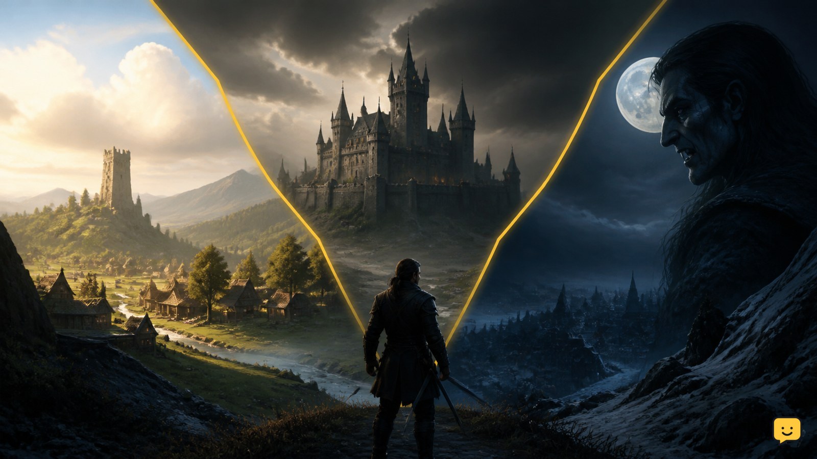 Coen facing a castle in The Blood of Dawnwalker while day and night imagery represent his human and vampire states