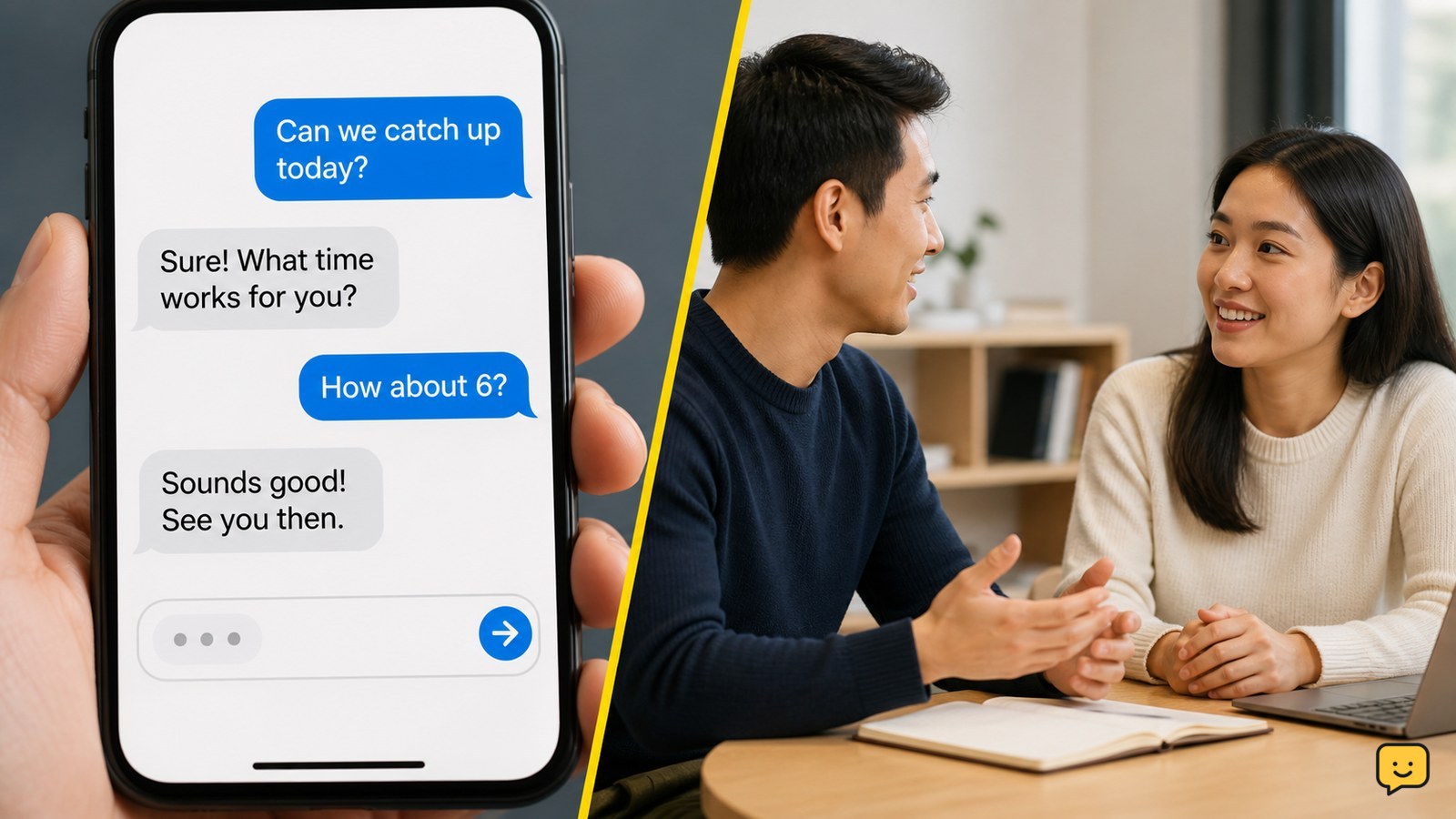 Split scene showing a person in an online chat on one side and an in-person conversation on the other
