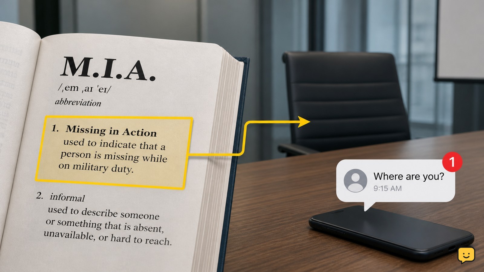 Open dictionary beside an empty meeting chair and an unanswered message notification