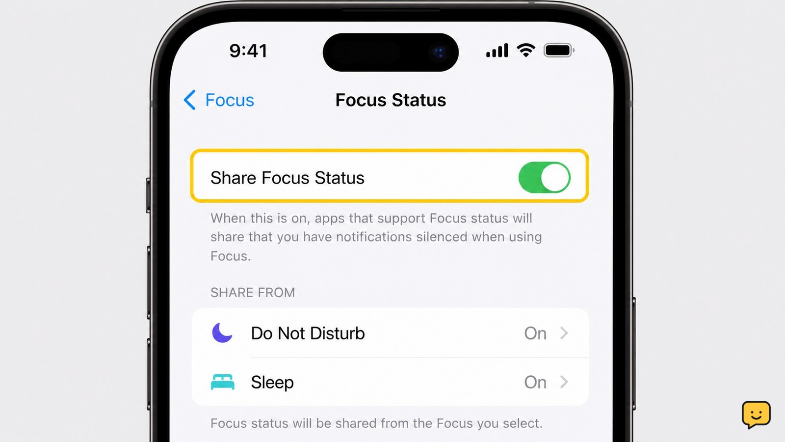 iPhone Focus Status settings screen with Share Focus Status control visible