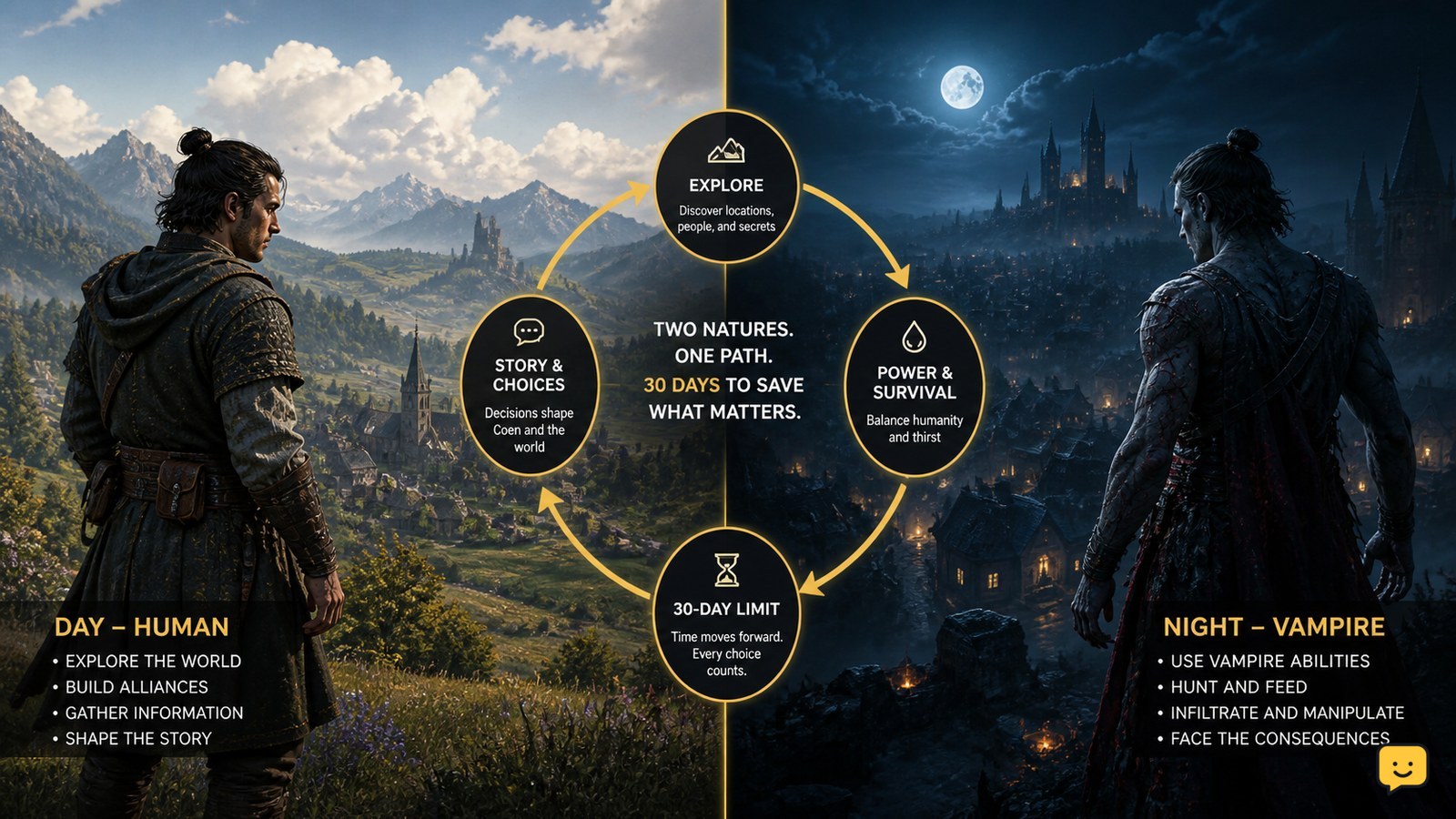 Coen represented in human daytime and vampire nighttime states across The Blood of Dawnwalker's open world