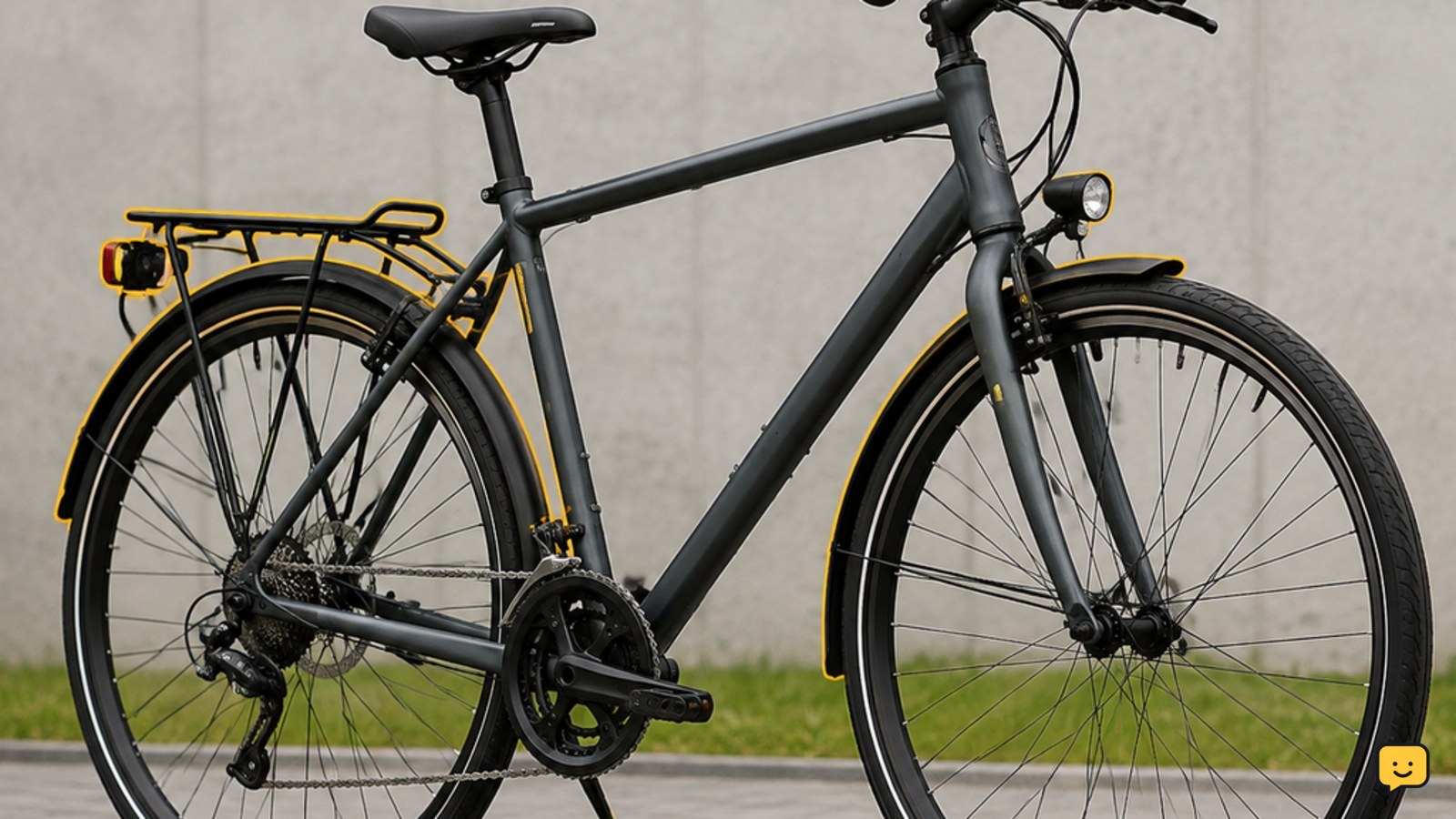 Side view of a practical commuter bicycle with flat handlebars, medium-width tires, rear rack, fenders and lights