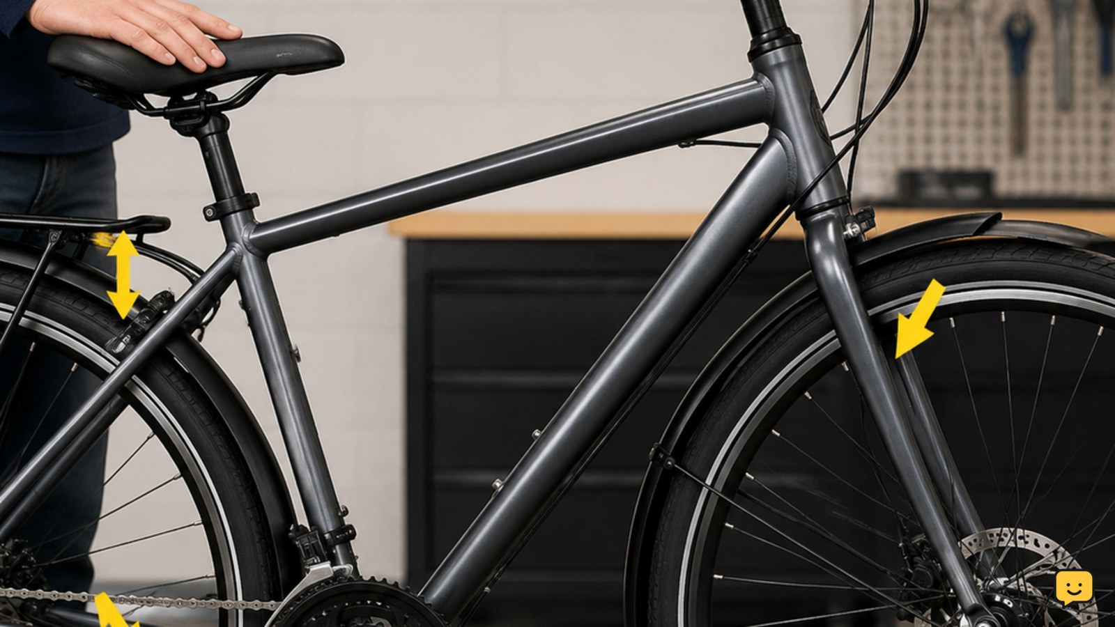 Annotated commuter bicycle showing brake levers, tires, wheel axle, chain and rear rack clearance