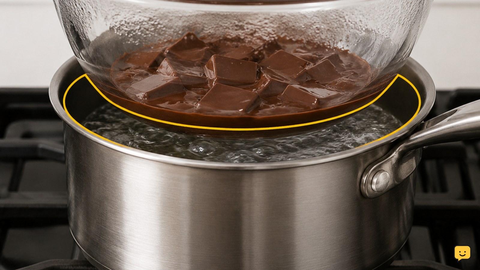Heat-safe bowl resting above simmering water in a saucepan to form a double boiler