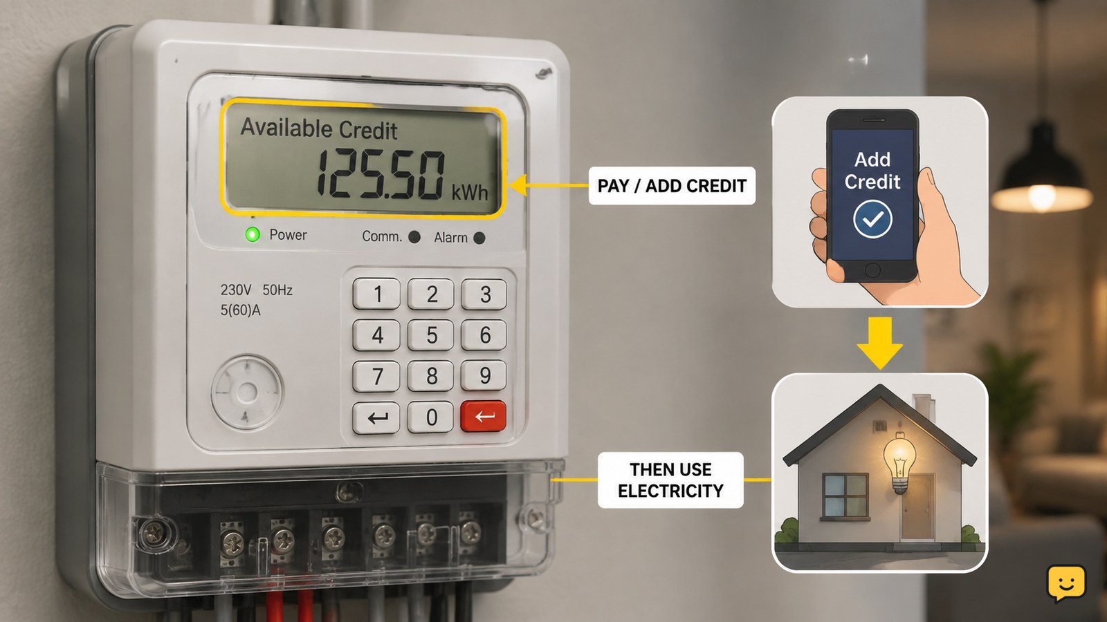 Prepaid electricity meter showing remaining credit on its display