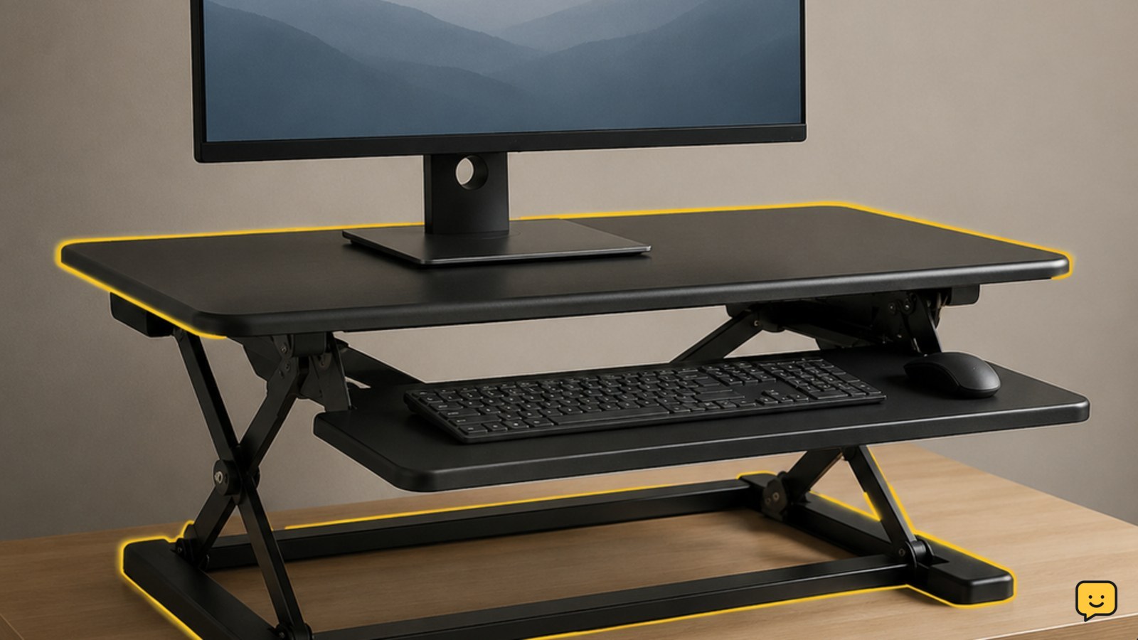 Height-adjustable desk riser positioned on top of an existing desk with a monitor, keyboard, and mouse