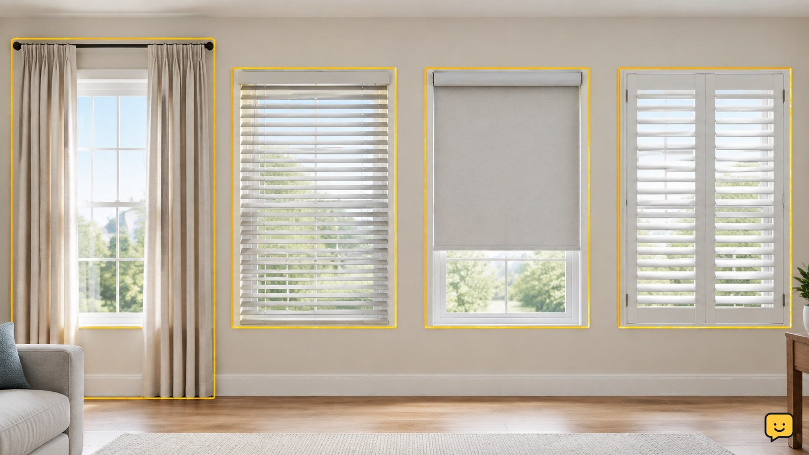 A bright room showing a curtained window, a slatted blind, a roller shade, and a shuttered window