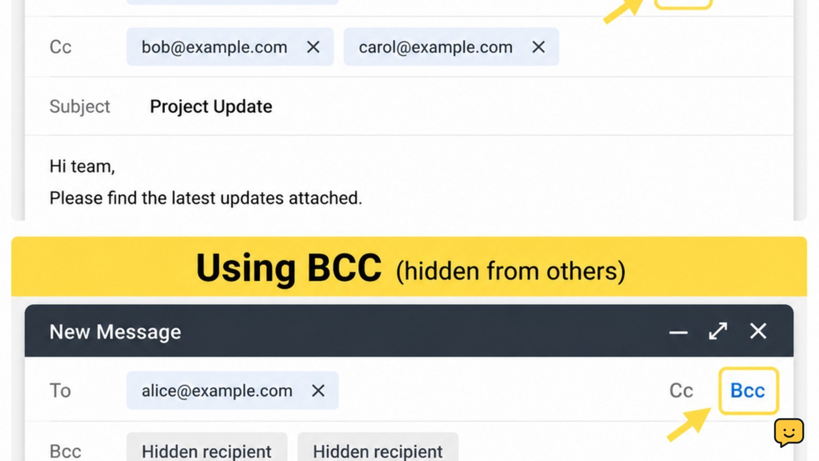 Email compose window comparing visible CC recipients with hidden BCC recipients