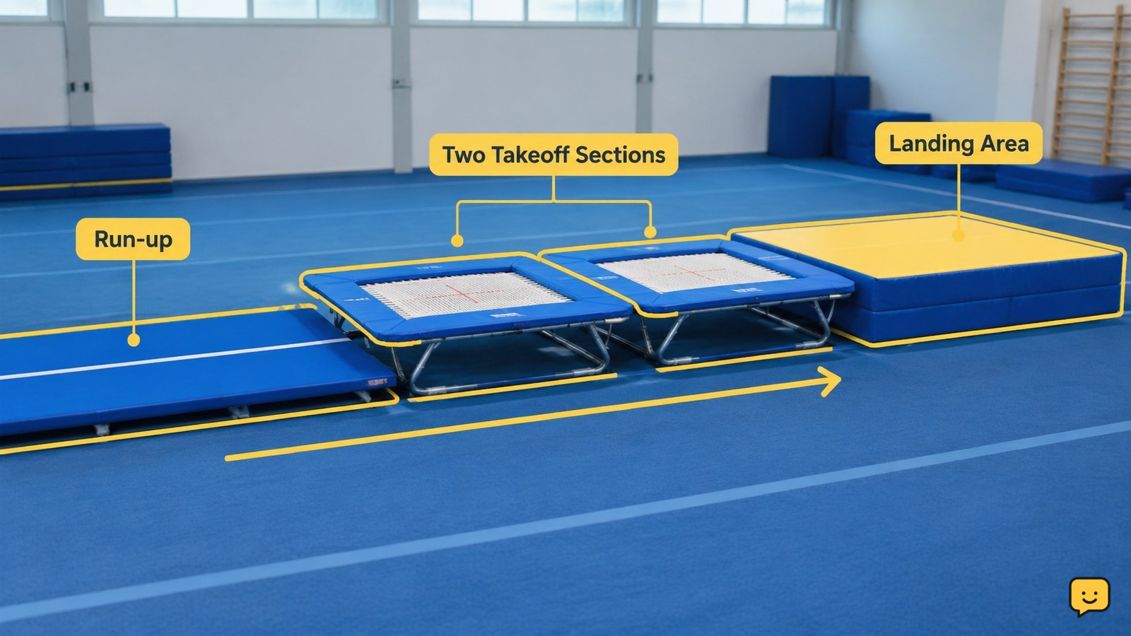 Double mini trampoline showing its two sections, run-up and landing area in a gymnastics facility