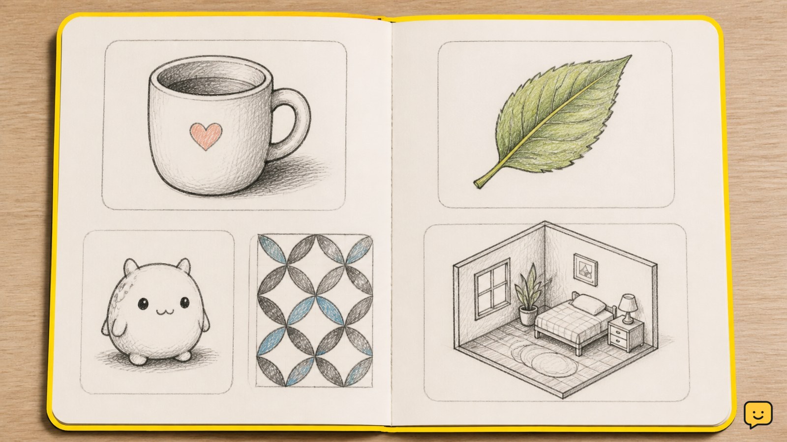 Sketchbook page showing a mug, leaf, tiny creature, repeating pattern, and miniature room drawing