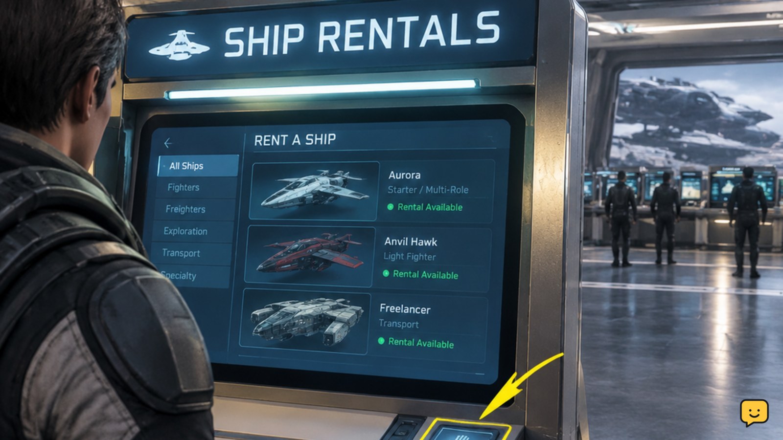 Star Citizen spaceport rental kiosk in a public terminal concourse