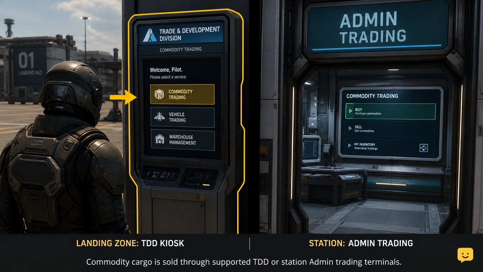 Star Citizen cargo trader using a commodity terminal in a landing zone