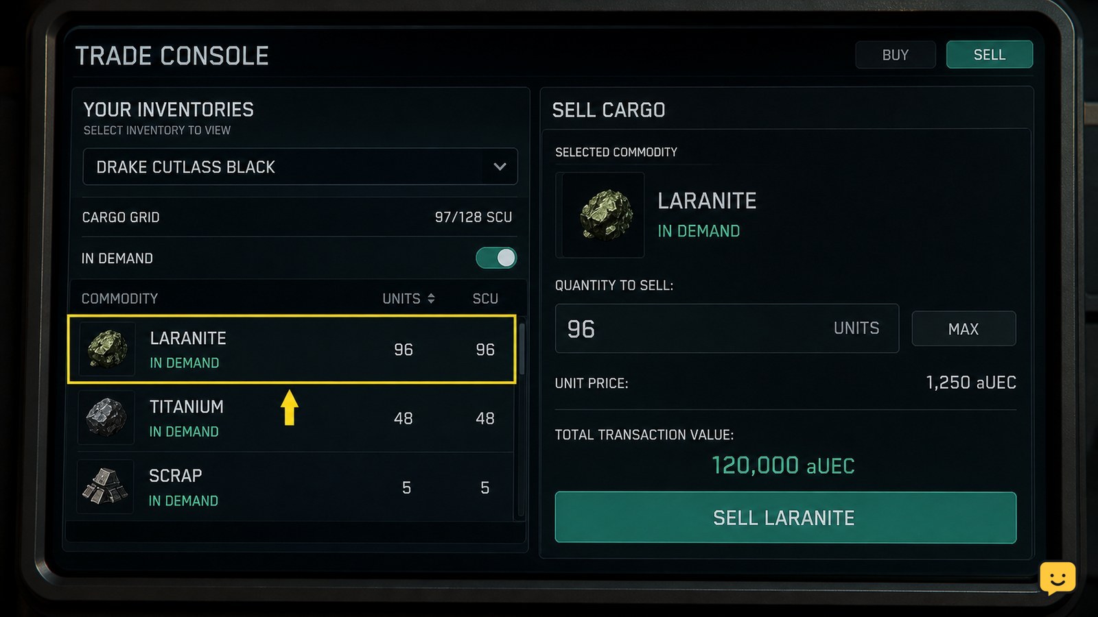 Star Citizen commodity sale screen showing cargo quantity and transaction value