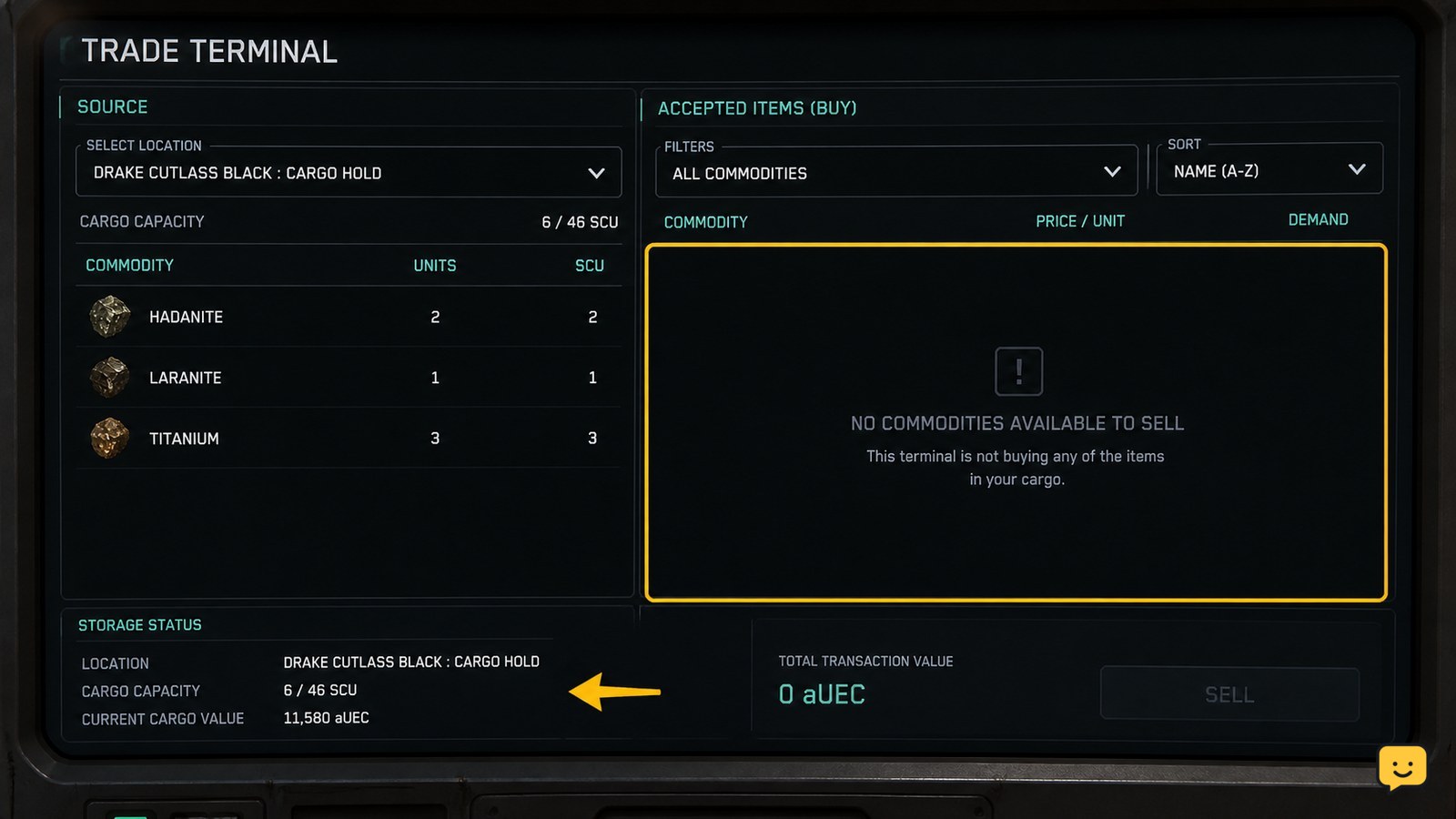 Star Citizen trading terminal with an empty cargo sale list and storage check highlighted