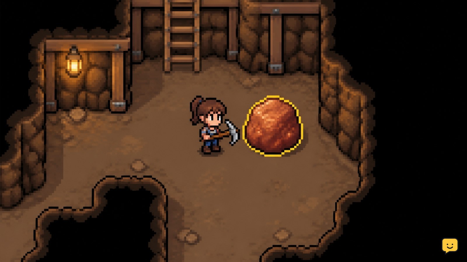Copper-colored ore rock inside a Fields of Mistria mine