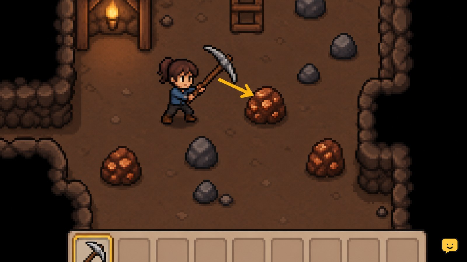 Player striking a copper ore rock with a pickaxe in Fields of Mistria