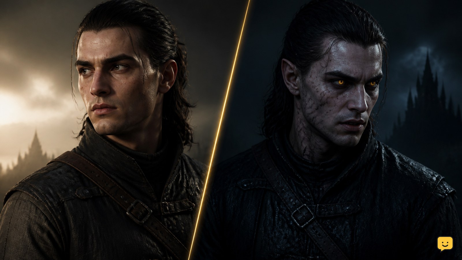 Official-style character view of Coen in human and vampire states for The Blood of Dawnwalker