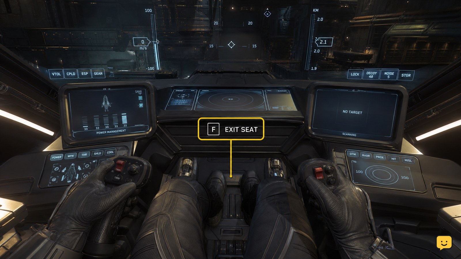 Star Citizen pilot seated in a ship cockpit while trying to exit the seat