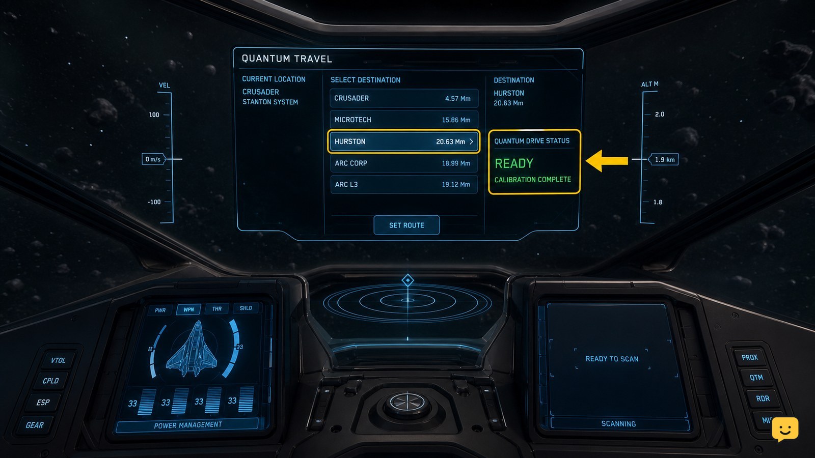 Star Citizen ship HUD showing a selected quantum travel destination and quantum drive status