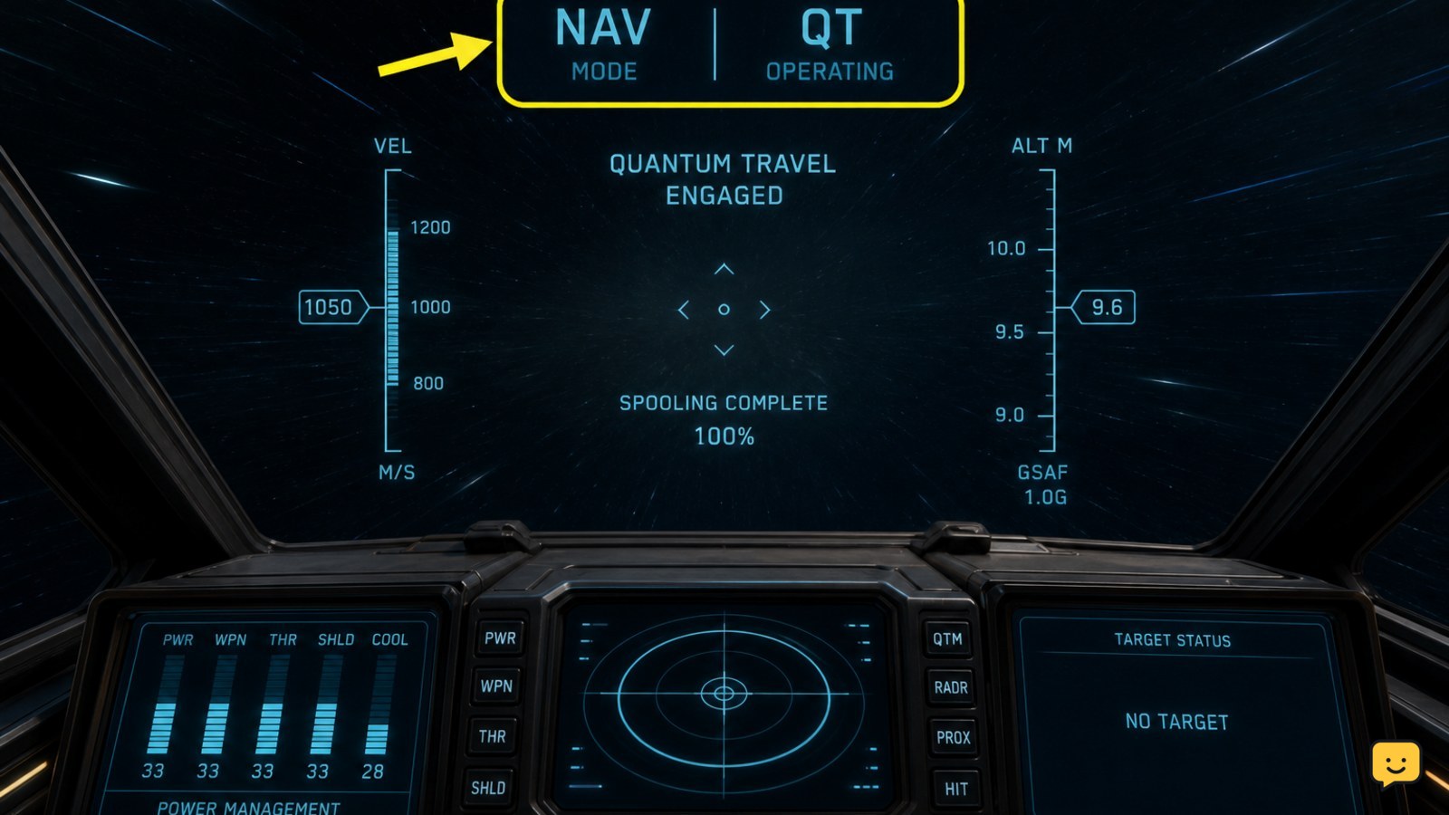 Star Citizen cockpit HUD showing NAV mode and quantum travel operating mode
