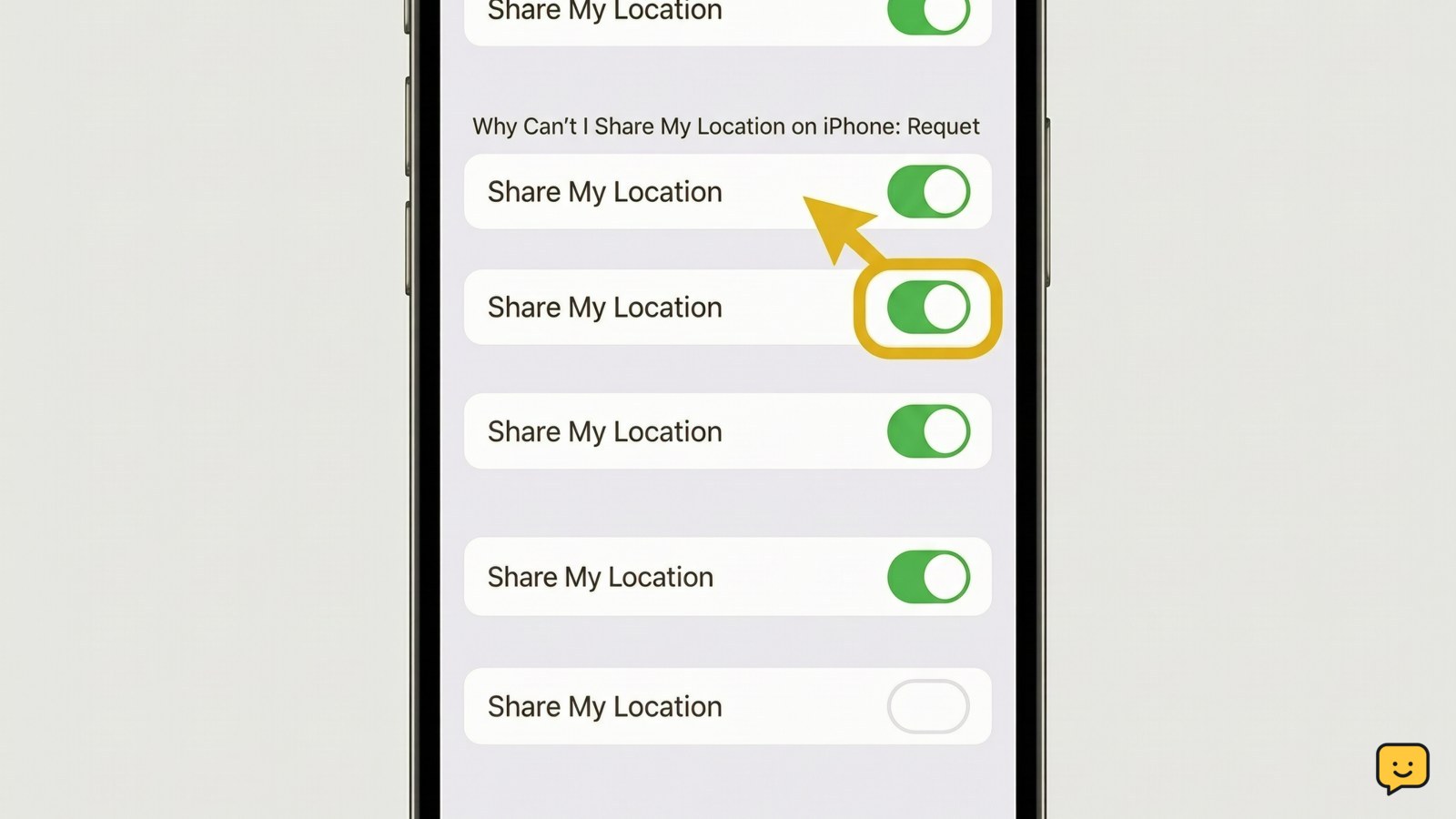 iPhone showing the Find My Me screen with Share My Location switched on.