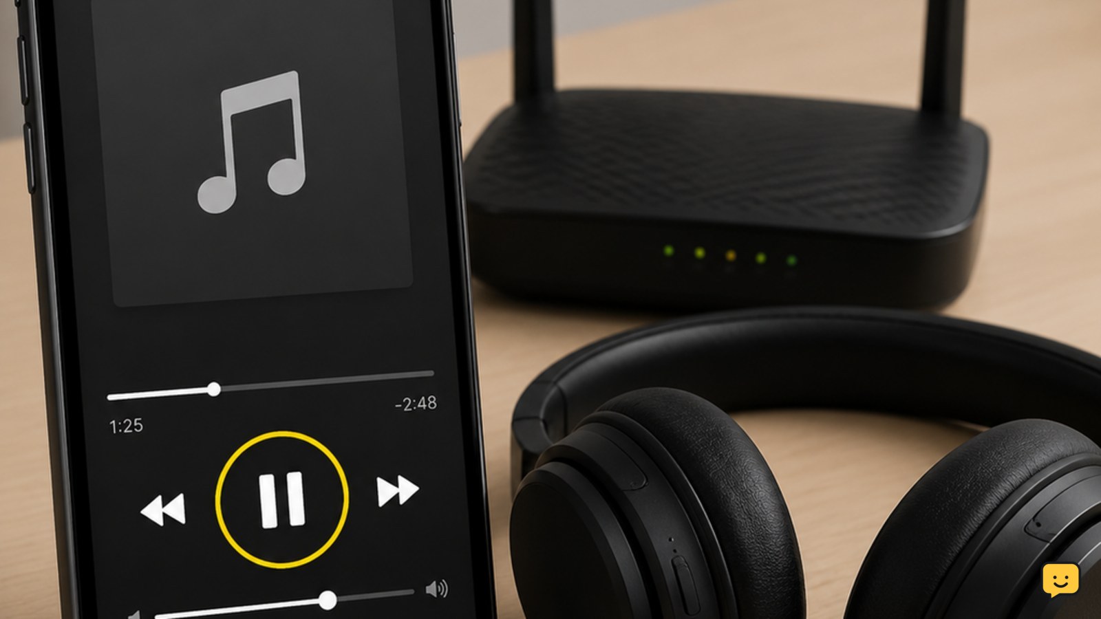Phone showing a paused music player beside wireless headphones and a Wi-Fi router