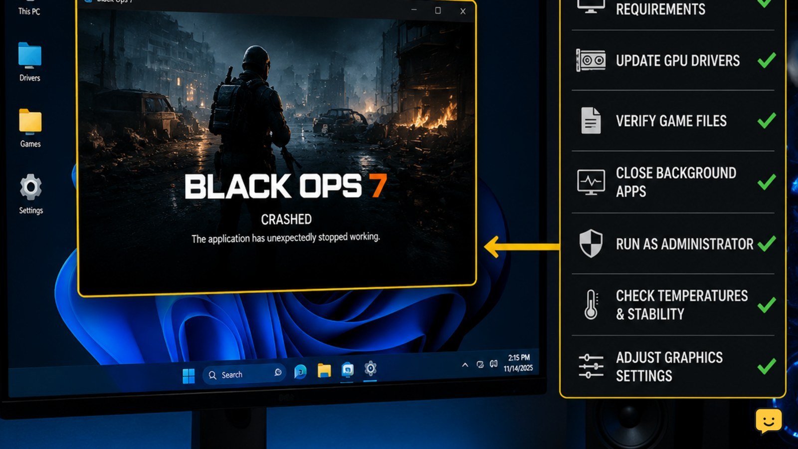 Black Ops 7 crashing on a Windows PC with troubleshooting checks shown beside the monitor