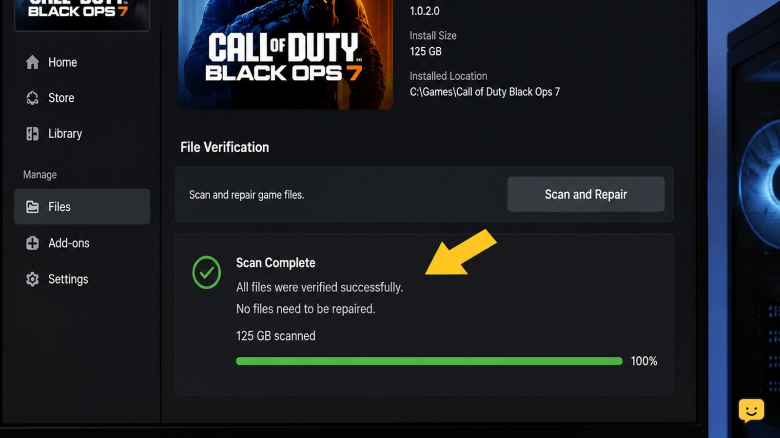 PC game launcher showing Black Ops 7 file verification completed