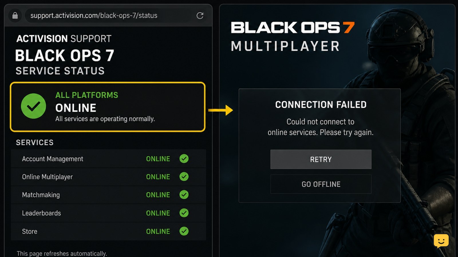 Service status check beside a Black Ops 7 multiplayer connection failure