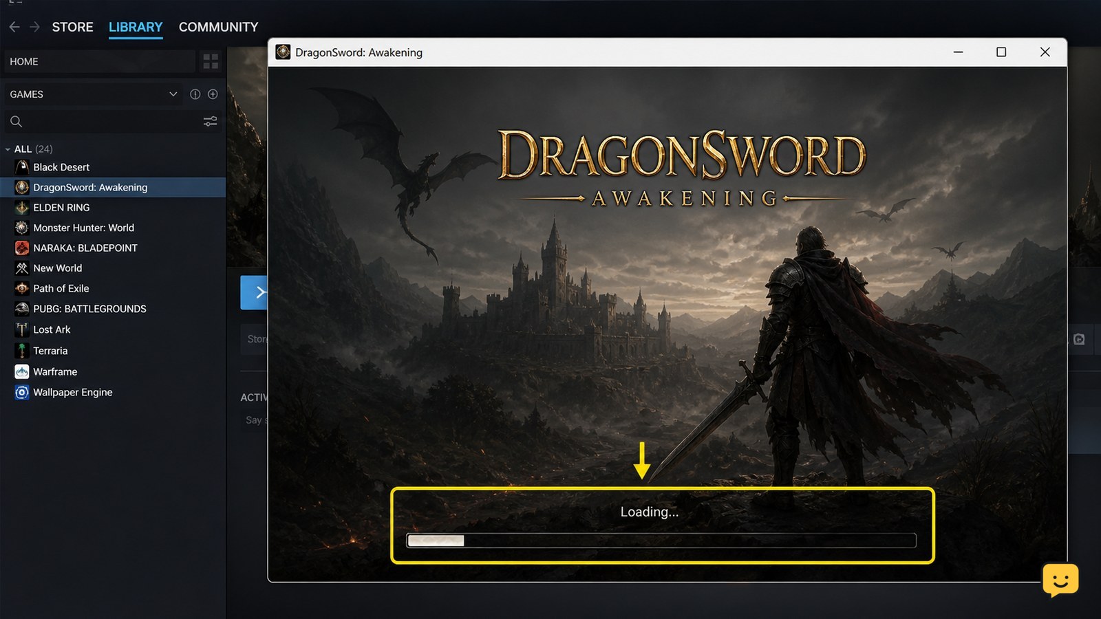 DragonSword Awakening loading screen on a PC with Steam open behind it