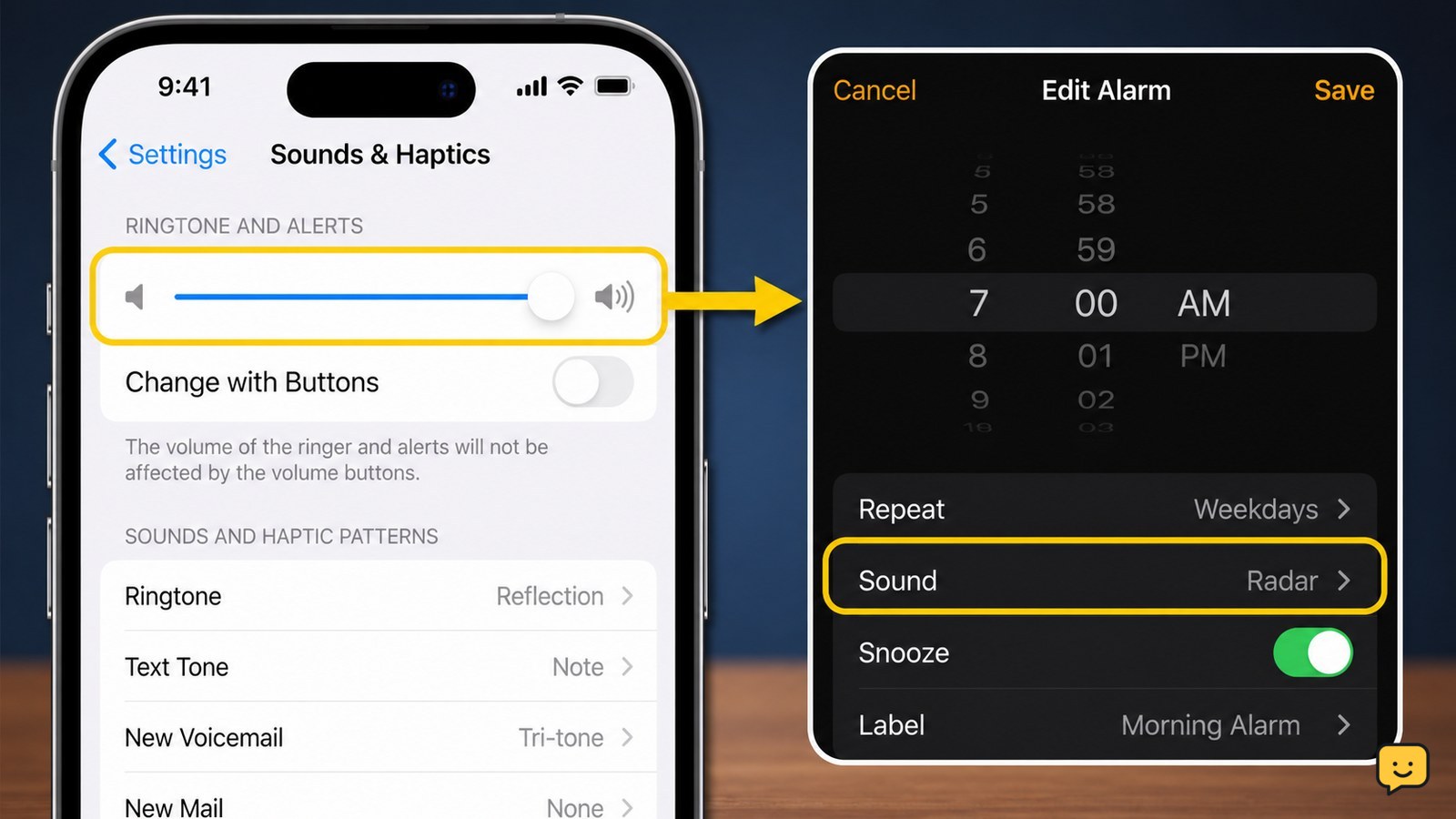iPhone Clock alarm beside the Sounds and Haptics alert-volume control