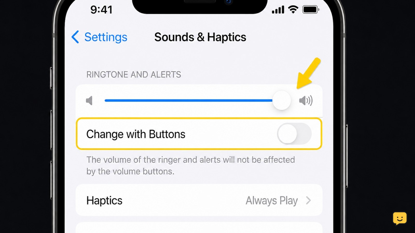 iPhone Sounds and Haptics screen with Ringtone and Alerts slider and Change with Buttons