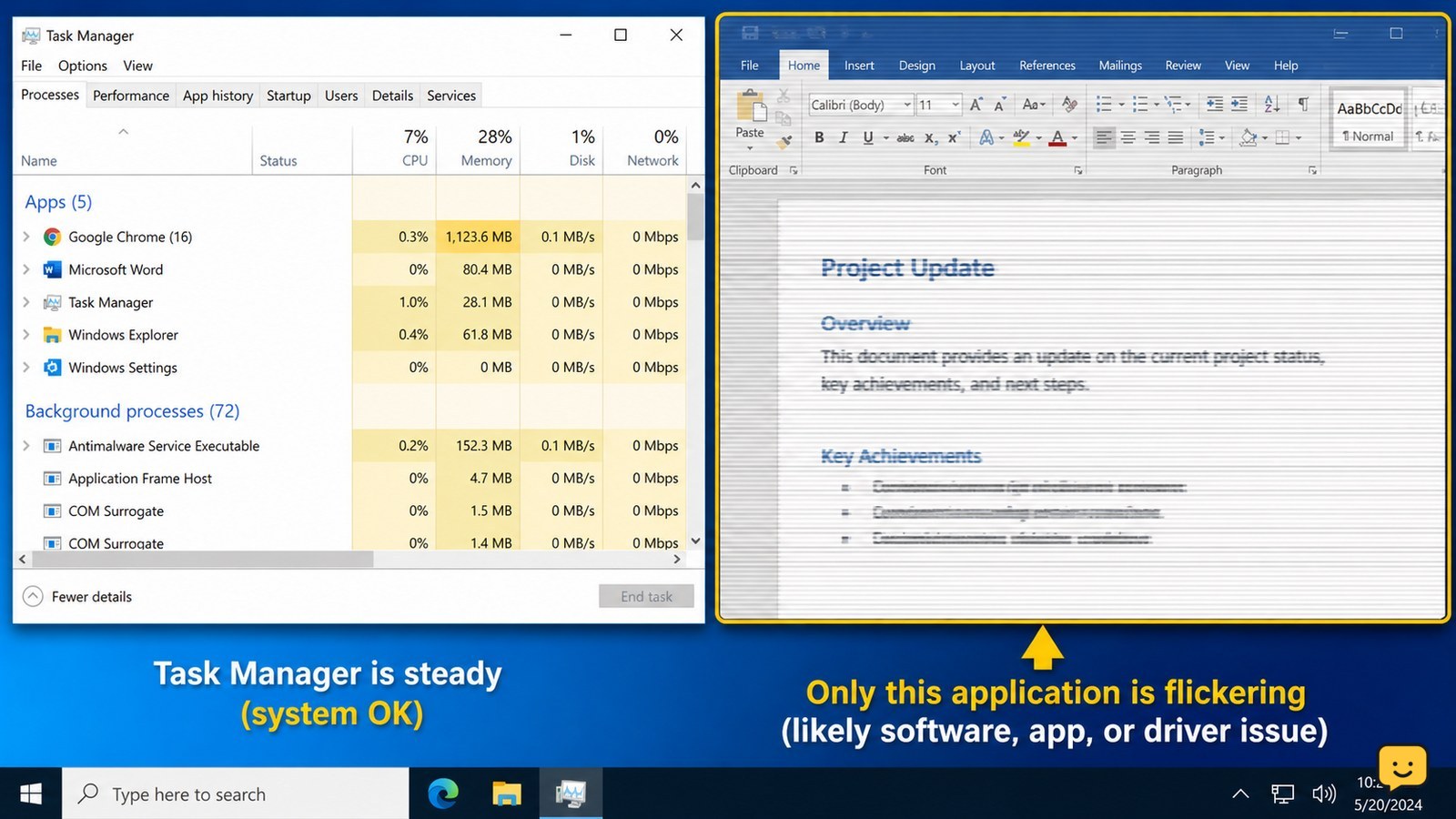Windows desktop with Task Manager visible beside a flickering application window