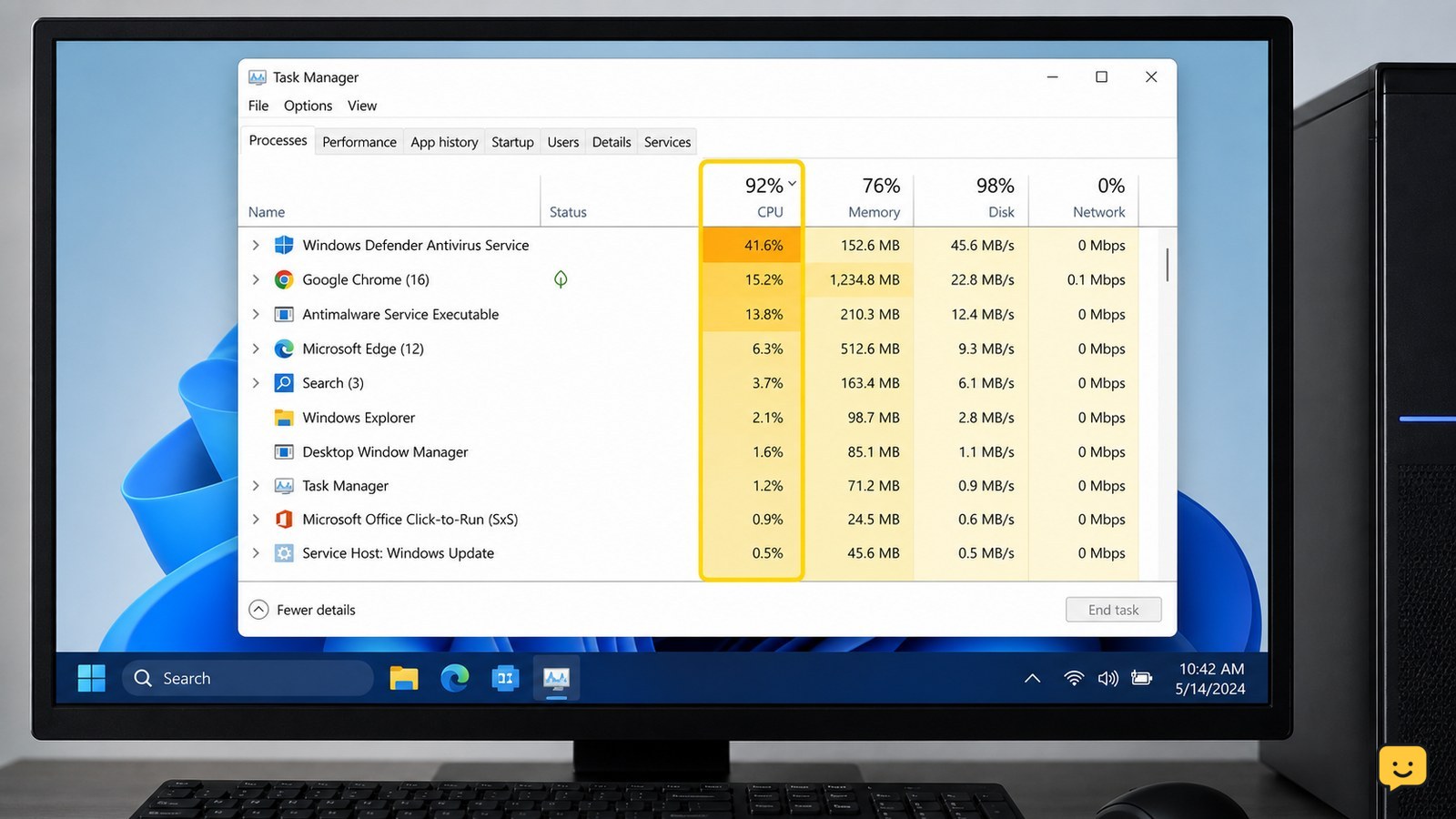 Windows Task Manager showing CPU, memory, and disk usage while diagnosing a slow computer