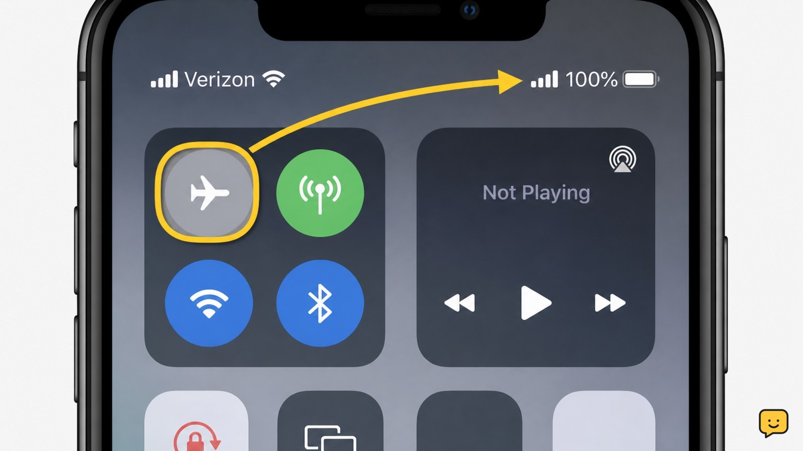 Phone quick settings showing Airplane Mode turned off and cellular signal restored