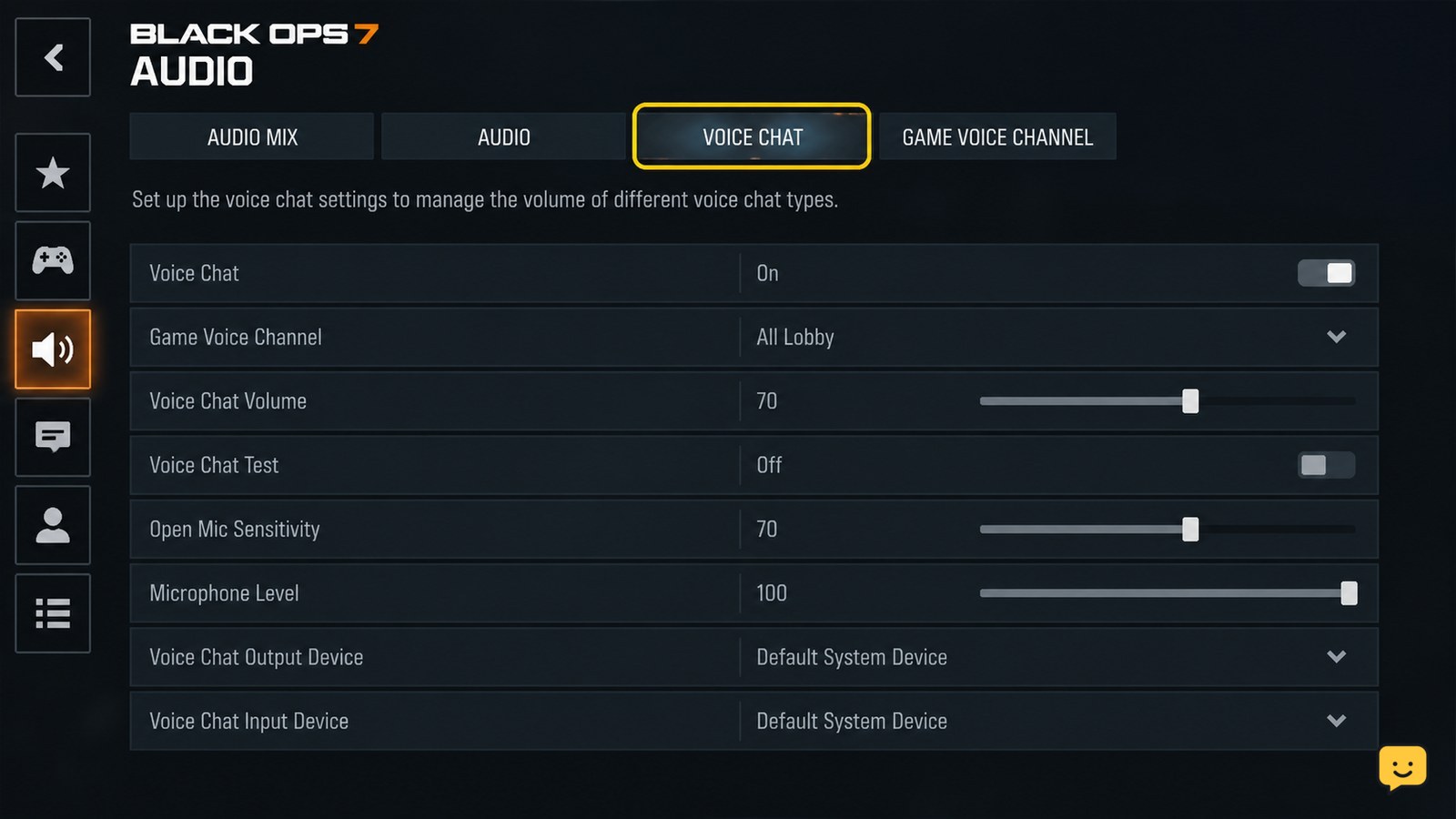 Call of Duty Black Ops 7 Audio settings with the Voice Chat tab selected