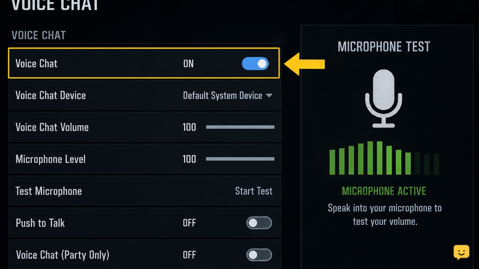 Black Ops 7 Voice Chat settings showing voice chat enabled and microphone activity