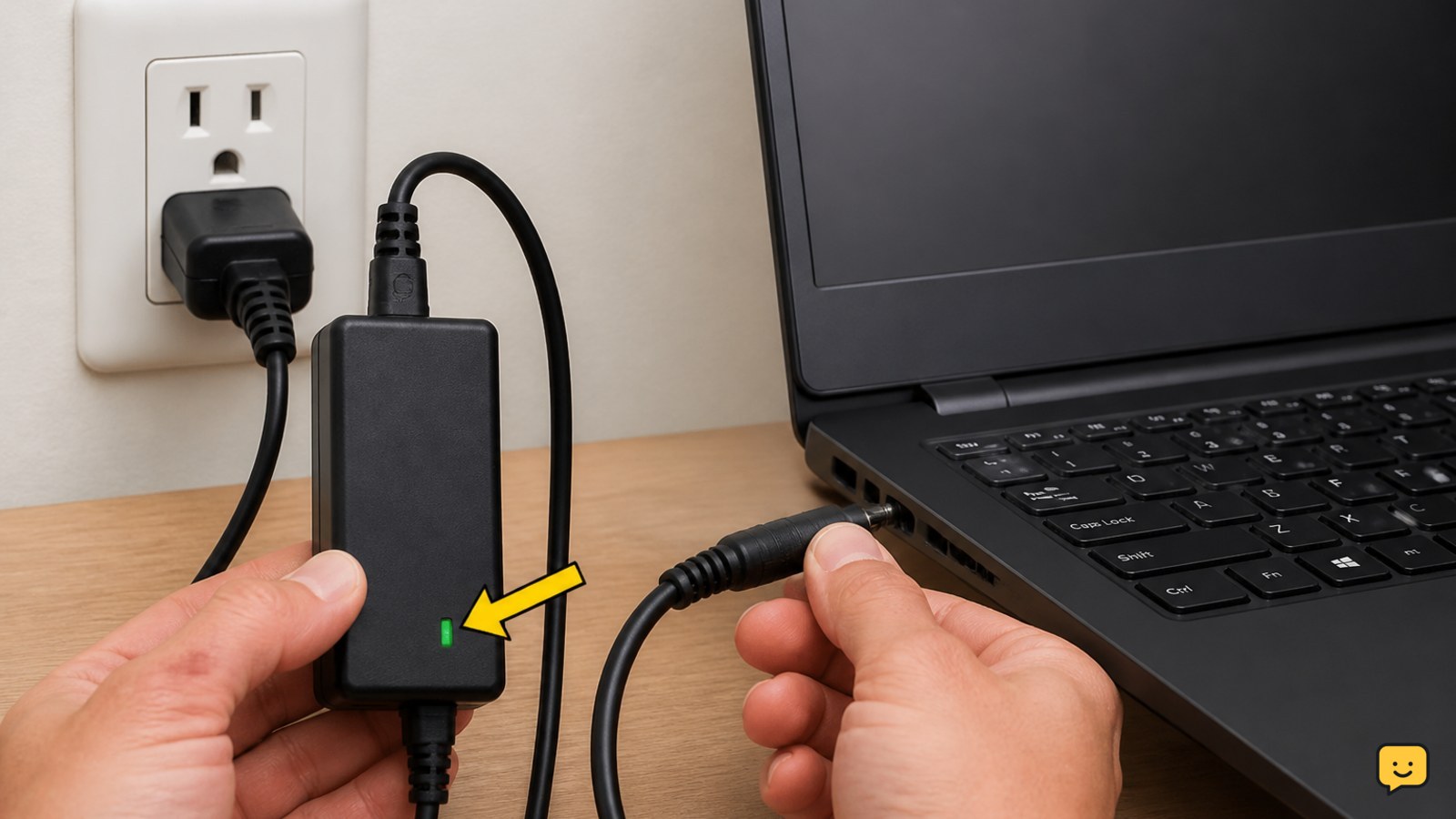 Dell laptop power adapter plugged directly into a wall outlet and laptop charging port
