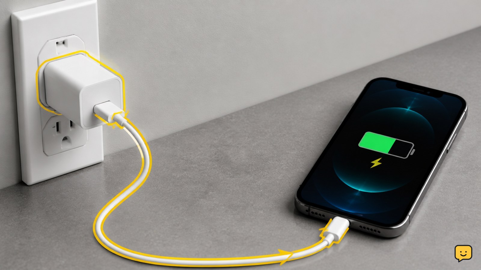 Smartphone connected to a wall charger with a visible charging indicator