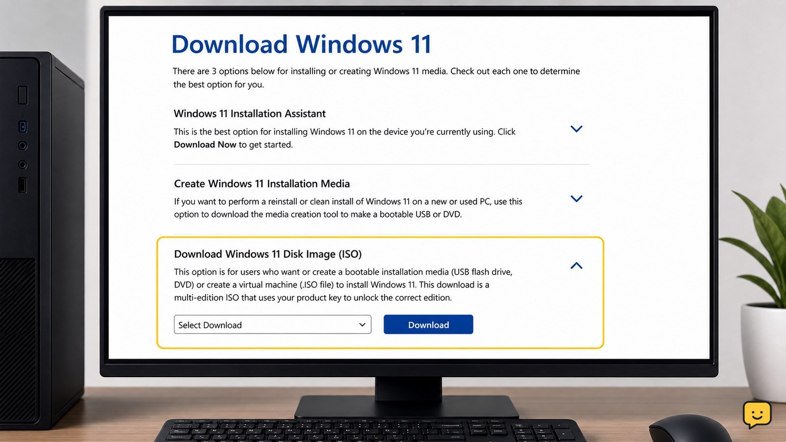 Windows 11 official software download page with the disk image ISO section visible