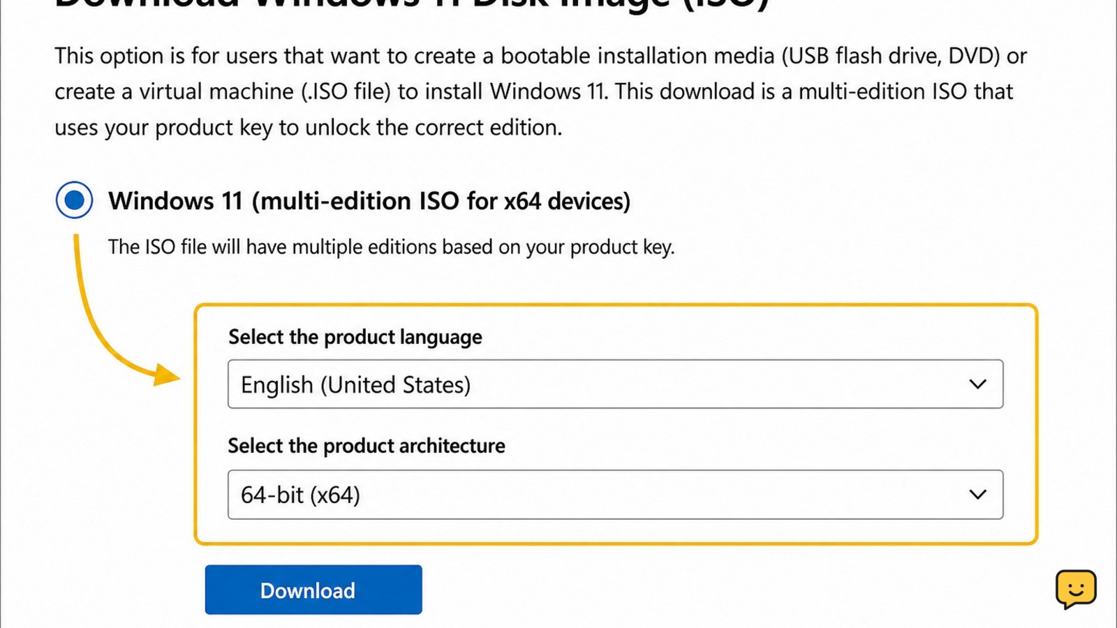 Microsoft Windows 11 download page with the ISO option and selection controls highlighted