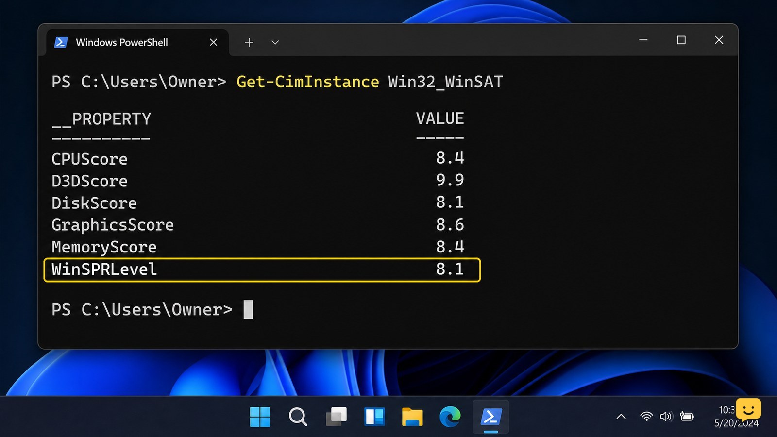 PowerShell displaying Windows Experience Index WinSAT scores