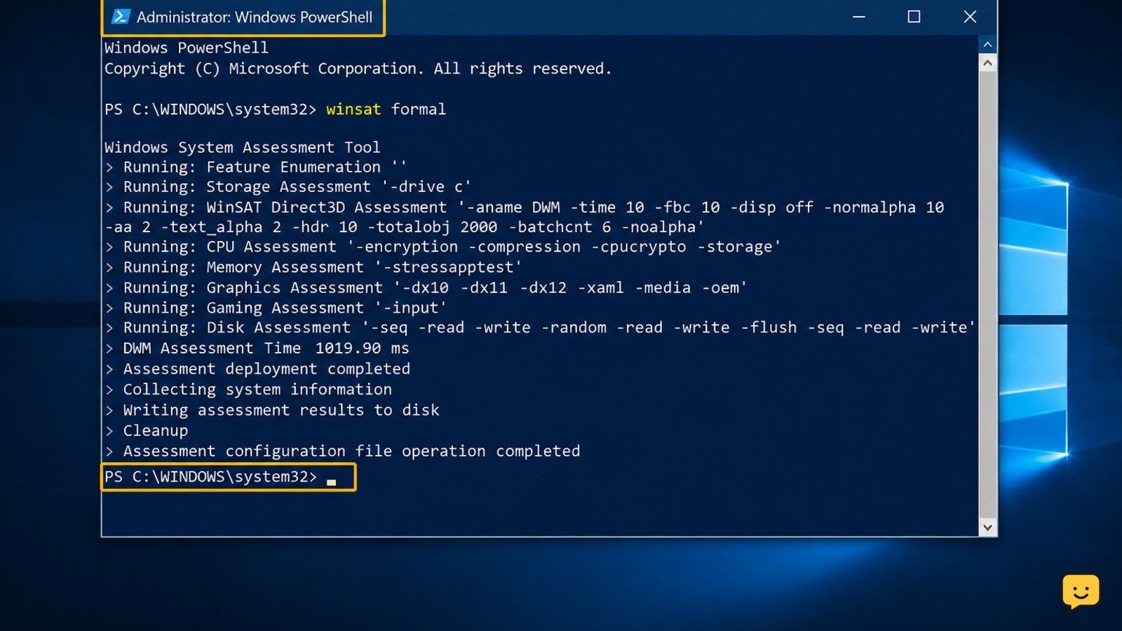 Elevated PowerShell running the winsat formal assessment