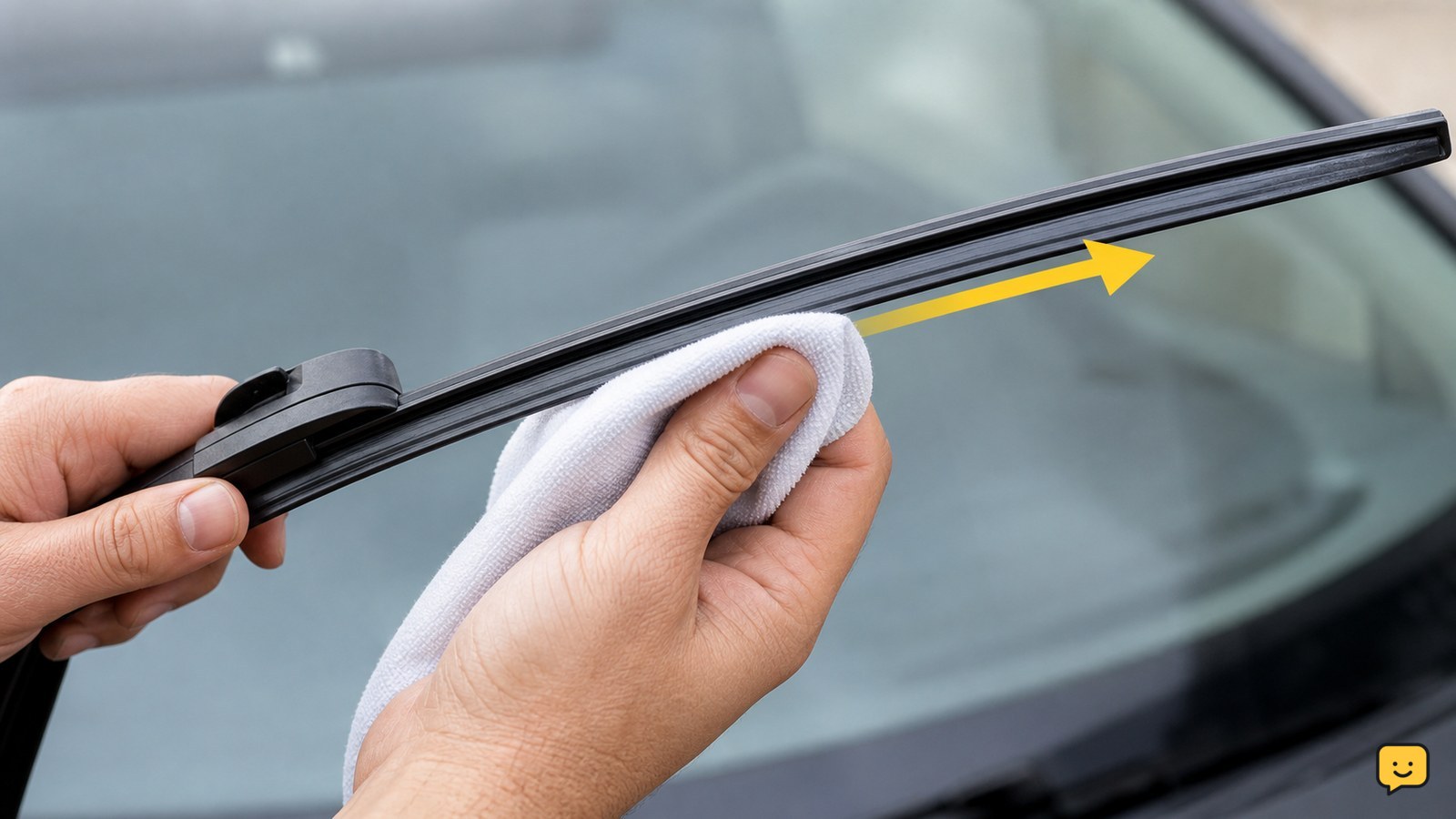 Hand cleaning the rubber edge of a lifted windshield wiper with a lint-free cloth