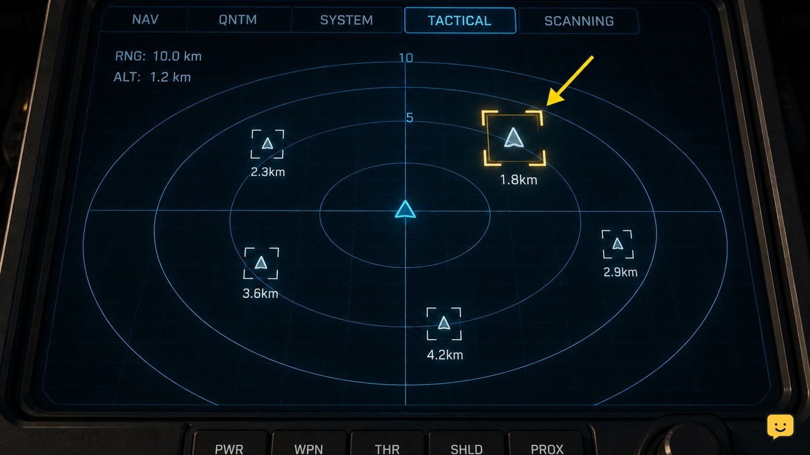 Star Citizen tactical display with one ship contact marker selected among nearby contacts