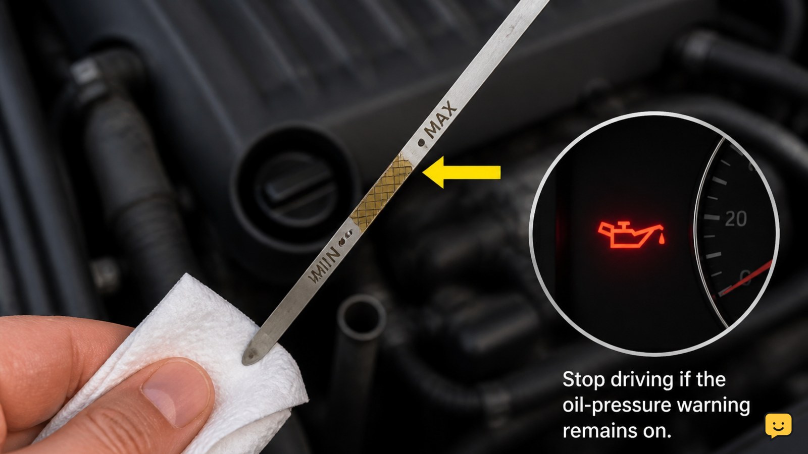Engine oil dipstick showing the oil level between the minimum and maximum marks
