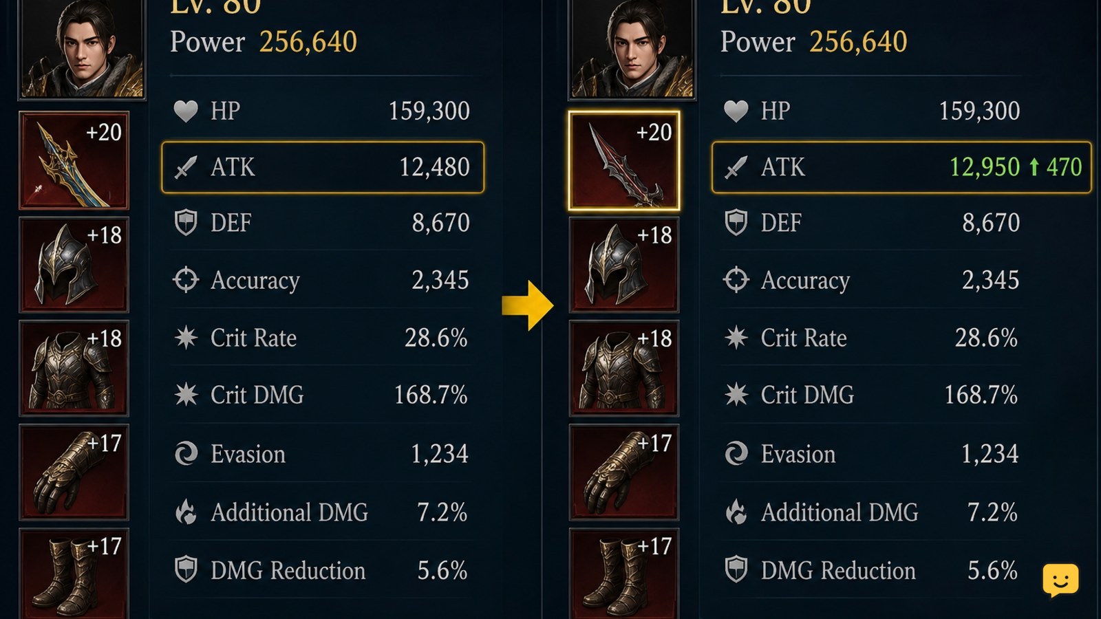 Dragon Sword Awakening character stat panel with one changed build bonus highlighted for comparison