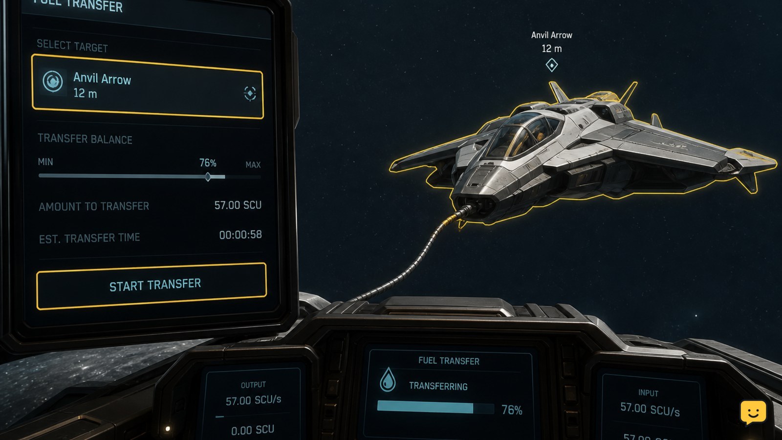 Star Citizen ship-to-ship refueling interface with a selected target and active transfer